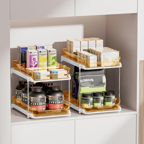 Delamu 2-Tier Multi-Purpose Bathroom Under Sink Organizers and Storage, Stackable Kitchen Pantry Organization, Pull Out Medicine Cabinet Organizer with Movable Dividers, Golden, 2 Pack - Image 4