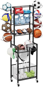 OYEAL Freestanding Ball Rack with Wheels Garage Basketball Storage Cart Outside Sports Equipment Organizer Ball Holder with Storage Baskets for Basketball, Soccer, Volleyball, Football, Black by OYEAL