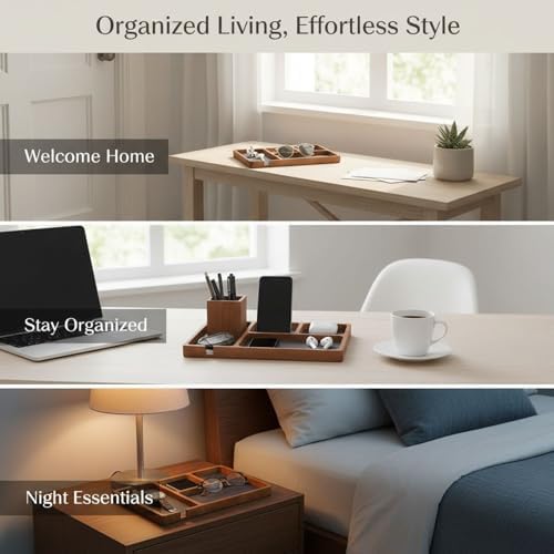 Wooden Catchall Tray Desk Organizer, 4-Section Wooden Valet Tray for Living Room Entryway, Nightstand Organizer for Phone Glasses Earbuds, 12.2 X 8.3 X 1.6 in - Image 5