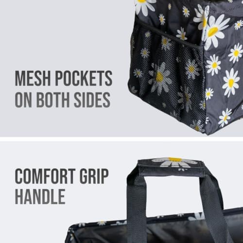 Extra Large Utility Tote Bag - Oversized Collapsible Reusable Wire Frame Rectangular Canvas Basket With Two Exterior Pockets For Beach, Pool, Laundry, Car Trunk, Storage - Black Daisy - Image 7
