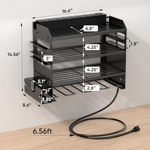 POKIPO Power Tool Organizer Wall Mount with Charging Station,Tool Storage Rack with 8 Outlet Power Strip,Heavy Duty Metal Battery Utility Rack with 4 Cordless Drill Holder 6.56 Ft Cord for Garage - Image 5