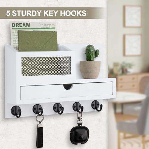 Key Holder for Wall with 5 Key Hooks and Storage Drawer - Image 7