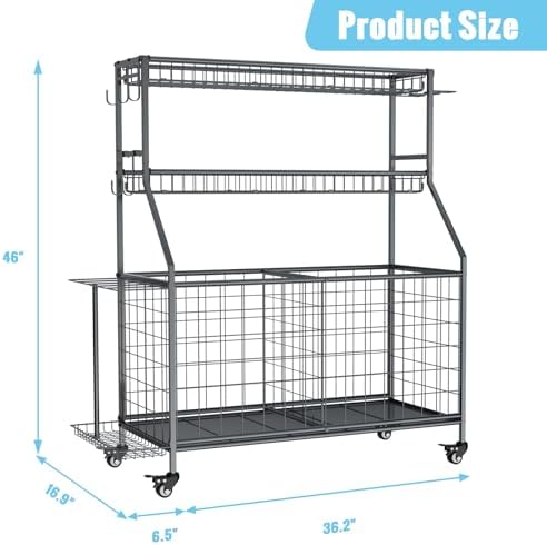 WUC Sports Equipment Garage Organizer - Garage Ball Storage Rack with Basket, Hooks and Rolling Cart for Sports Gear and Toy Storage, Grey - Image 2