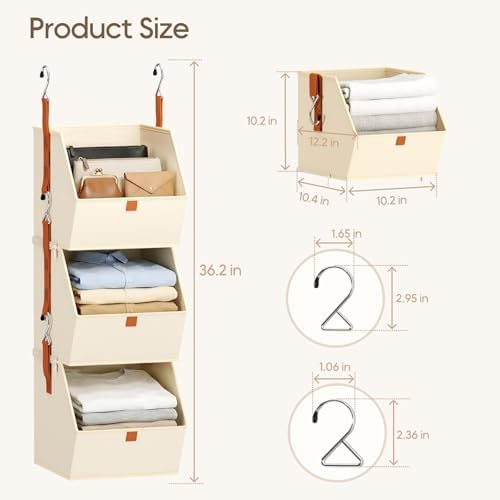 Homsorout Collapsible Hanging Closet Organizer - 6 Tier Closet Shelves Storage System with Hooks, Fabric Hanging Storage Bins for Clothes, Foldable Storage Basket for Laundry, Bedroom, Rv, Beige - Image 6