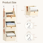 Homsorout Collapsible Hanging Closet Organizer - 3 Tier Closet Shelves Storage System with Hooks, Fabric Hanging Storage Bins for Clothes, Foldable Storage Basket for Laundry, Bedroom, Rv, Beige - Image 6