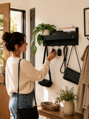 Modern Large Wall Mounted Key Holder with Deep Shelf, Entryway Organizer with 5 Heavy Duty Hooks, Metal Key Rack for Wall, Mail Holder & Dog Leash Hanger, Black - Image 2