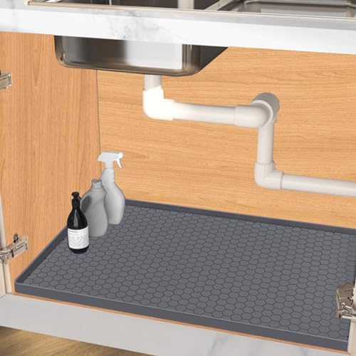 Under Sink Mat 34 x 22 for Kitchen Waterproof, Silicone Under Sink Liner Mat for Bottom of Kitchen Sink, Easy to Clean Bathroom Cabinet Mat Organizers and Storage, Grey by Jacooxi