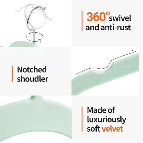 Sishynio Velvet Hangers 50 Pack, Non-Slip Slim Felt Clothes Hangers Green | Space-Saving Closet Organization; Flocked Surface; 360° Swivel Hooks; For Shirts, Coats, Dresses, Blouses - Image 2
