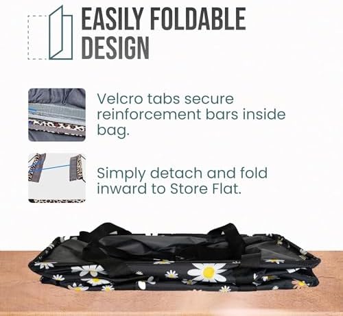 Extra Large Utility Tote Bag - Oversized Collapsible Reusable Wire Frame Rectangular Canvas Basket With Two Exterior Pockets For Beach, Pool, Laundry, Car Trunk, Storage - Black Daisy - Image 6