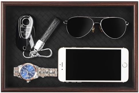 Wooden Valet Tray with Leather Base - Nightstand Catchall Organizer for Cologne, Perfume, Keys, Wallet, Phone, Watch, Jewelry & Sunglasses (Black) by Zosenley