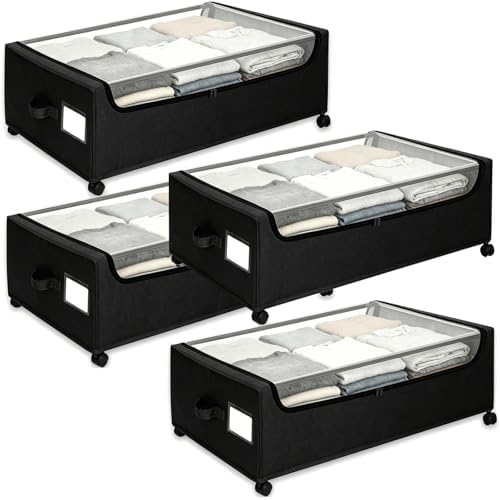 Under Bed Storage with Wheels, 4-Pack Under the Bed Storage Containers with Clear Lids & Label, Underbed Storage Bins, XXXL 85L 11 inches Rolling Metal Drawer for Clothes, Shoes, Toys, Books - Black by JALUNIVERSALTRI