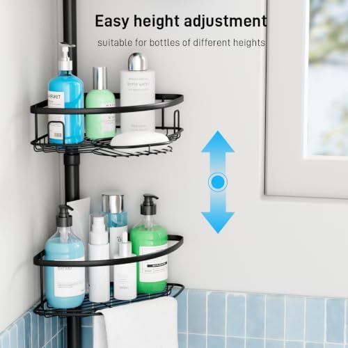 Corner Tension Pole Shower Caddy, 4 Tier Rustproof Shower Tension Rod Organizer with Soap Holder & Hooks, Adjustable 33-125 Inch Bathroom Shelf for Renters - Family Stand Storage Rack, Black - Image 4