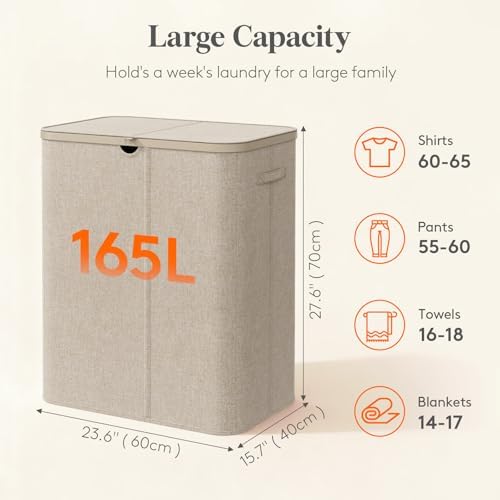 Lifewit 165L 3 Section Laundry Hamper with Lid, Laundry Basket, Beige - Image 2