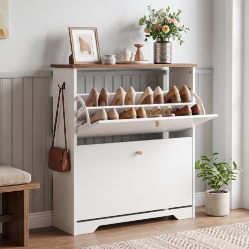 Nicetree Shoe Cabinet, 2 Flip Drawers Slim White Walnut Top Entry Storage by Nicetree