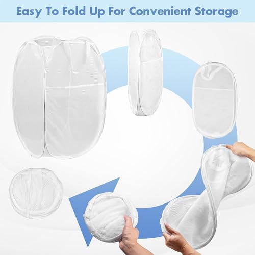 Pop Up Laundry Hamper, 70 L Collapsible Mesh Basket with Side Pocket, White - Image 5