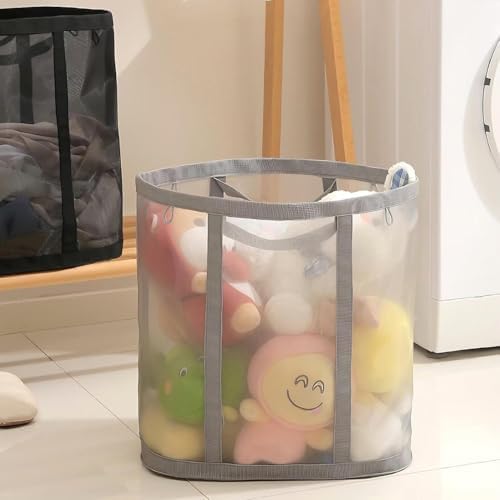 Mesh Bag with Handles, Collapsible Laundry Basket, Foldable Laundry Bag, Breathable Folding Beach Bag,Space-saving Travel Tote Bags (2, Grey&Black) - Image 3