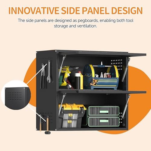 Metal Garage Wall Cabinet with Up-Flip Door, Black Float Tool Cabenit with 2 Doors,Upper Storage Cabinets with Pegboard for Kitchen,Garage,Workshop,Warehouse (25.6" H,Black) - Image 6
