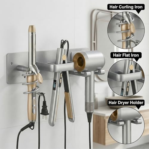 Hair Dryer Holder Hair Tool Organizer Metal Wall Mount (Silver) - Image 3