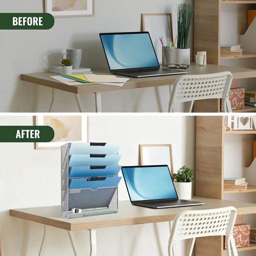 EASEPRES 6 Tier Mesh Hanging Wall File Organizer, Desk Vertical Mail Paper Document Folder Holder Rack with Bottom Tray and Nametag Label for Office Home School, Gray - Image 5