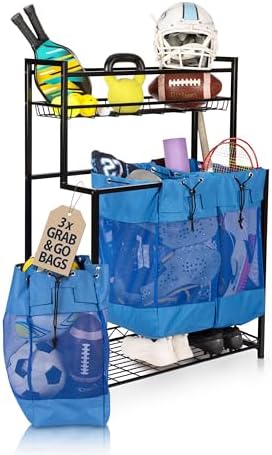 Garage Sports Equipment Organizer - Vertical Ball Storage Rack with 3 Heavy Duty Bags (blue) - Metal Frame Organizer for Balls and Outdoor Gear. Home Gym Storage Organizer. Yoga Workout Organizer. by YourHomeYourKASSELL