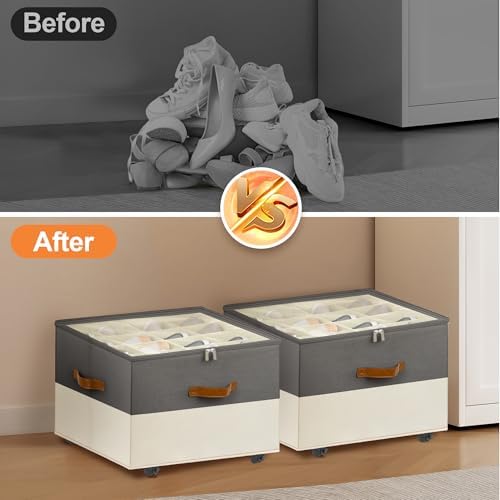 Foyego 2 Pack Shoe Organizer for Closet, with Wheels, Beige and Grey - Image 6
