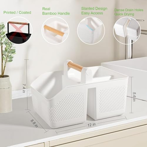 Plastic Shower Caddy Portable Shower Basket with Bamboo Handle, White - Image 5