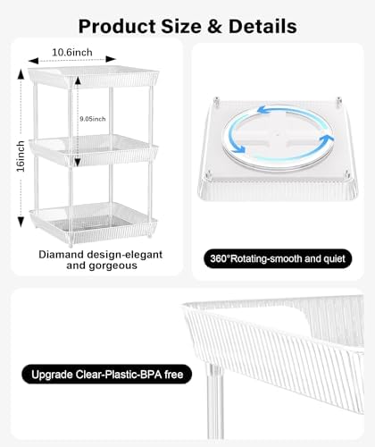 3 Tier Lazy Susan Bathroom Countertop Organizer, 360° Clear Rotating Square Storage Tray, Cosmetics and Perfume Organizer, Spinning Storage Tray Vanity Organizer Shelf for Bathroom Cabinet, Kitchen - Image 6