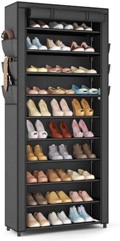 VTRIN Vertical Narrow Shoe Rack Organizer Tall Shoe Rack for Closet Entryway 10 Tier Non-Woven Cover Shoe Shelf Holds 36-41 Pairs Free Standing Shoe Storage Cabinet with Dustproof Cover, Black by VTRIN