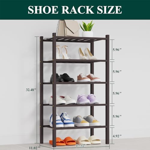 Smiry Bamboo Shoe Rack, 8 Vertical Slats, 5 Tier - 17.3" Wide, Brown - Image 2