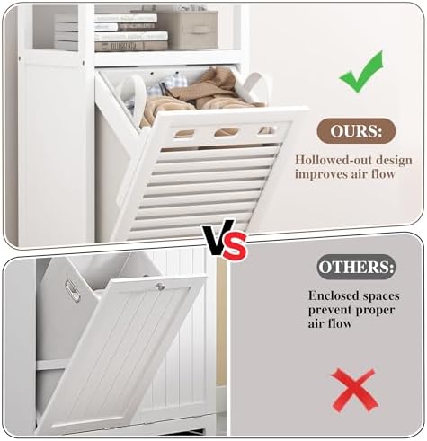 VASMIA Tilt Out Laundry Hamper,Bamboo Laundry Storage Cabinet with Shelf,10 Gal Hidden Laundry Basket Organizer for Bathroom,Laundry Room,White - Image 7