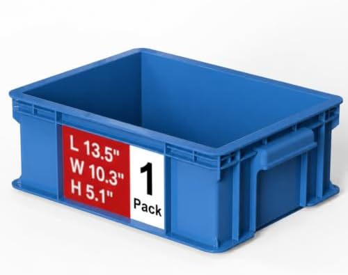 Heavy Duty Storage Bins, 1-Pack Stackable Tool Storage Box for Hardware, Screws, Nuts and Bolts, Space-Saving Straight Wall Container for Garage, Workshop & Factory, 13.5"L × 10.3"W× 5.1"H, Blue by Mudygelay