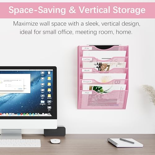 EasyPAG Wall File Organizer 5 Tier Hanging Paper Folder Holder, Zero Assembly Metal Mesh Wall Mounted Mail Organizer for Office Home Classroom Narrow Spaces, Pink - Image 2