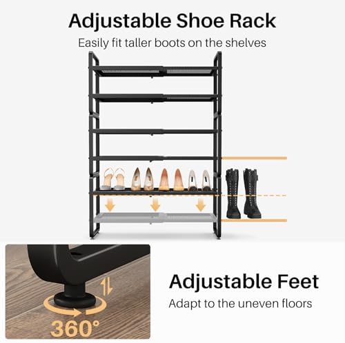 Expandable Metal Shoe Rack for Closet, Entryway & Garage, 6-Tier, Black | Adjustable Height for Boots, Stackable Design, Dense Mesh Shelves for Heels, Fits Small Spaces, Apartments and Rentals - Image 7