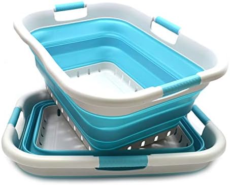 SAMMART 41L (10.8 gallon) Set of 2 Collapsible 3 Handled Plastic Laundry Basket-Foldable Pop Up Storage Container/Organizer-Space Saving Hamper/Basket (2, Grey/Bright Blue) by SAMMART