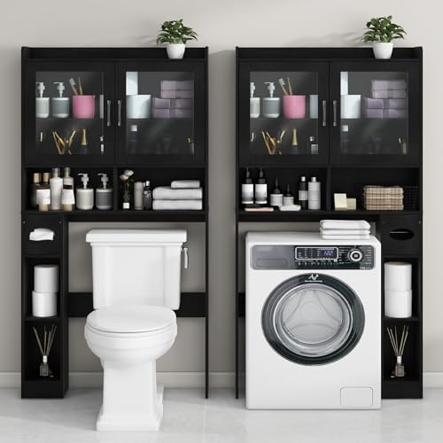 Vabches Over-The-Toilet Storage Cabinet with 2 Acrylic Waves Doors, Black. - Image 6