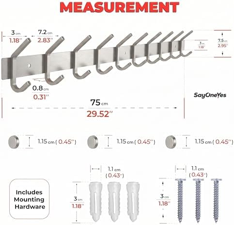 Coat Rack Wall Mount – Brushed Nickel 30 Inch Stainless Steel Hook Rail with 10 Heavy Duty Double Coat Hooks – Wall Mounted Coat Hanger for Entryway, Bathroom, Bedroom, Towel, Hat Organizer - 2 Pack - Image 2