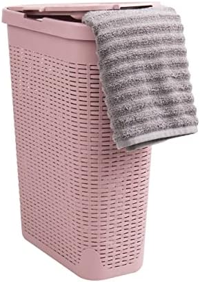 Mind Reader Slim Laundry Hamper with Lid, 40L Clothes Basket, Narrow Tapered Design with Ventilated Cutout Pattern, Plastic, Pink by MindReader