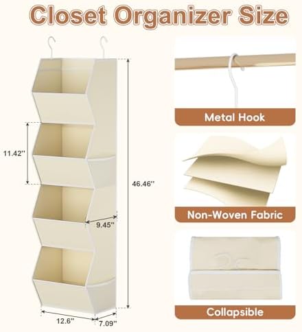 Hanging Closet Organizer 4 Shelf Collapsible Fabric Closet Organizers and Storage Hanging with Mesh Pocket for Clothes, Hanging Wardrobe Organizers and Storage for Sweater T-Shirt Shoes Toys, Beige - Image 3