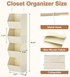Hanging Closet Organizer 4 Shelf Collapsible Fabric Closet Organizers and Storage Hanging with Mesh Pocket for Clothes, Hanging Wardrobe Organizers and Storage for Sweater T-Shirt Shoes Toys, Beige - Image 3