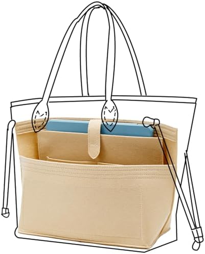 Doxo Purse Organizer Insert for Handbags, Felt Neverfull MM Organizer Insert with Laptop Compartment, Tote Bag Organizer with Zipper Pocket and Bottle Holder, Fit Neverfull MM and More, Beige-L - Image 5