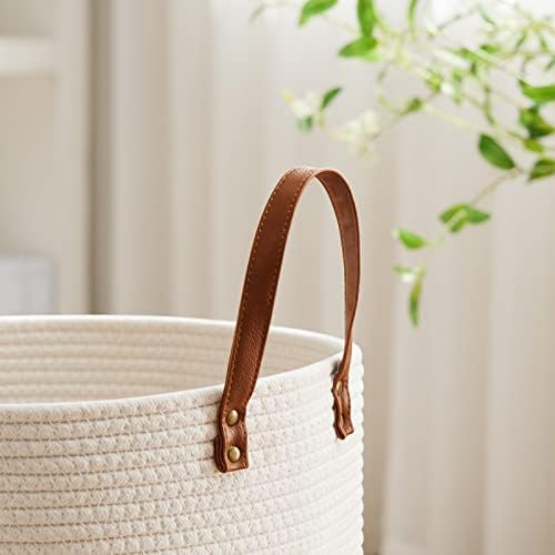VIPOSCO 30L Small Woven Rope Laundry Hamper, Leather Handles, White & Brown - Image 3