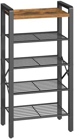 YATINEY 5-Tier Narrow Shoe Rack, Tall Shoe Rack for 5-10 Pairs, Slim Shoe Storage Organizer with Wooden Top, Space Saving, Metal Frame, for Entryway, Rustic Brown and Black SS65BR by Yatiney