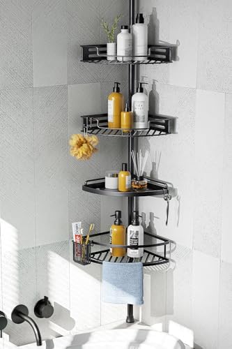 HAMITOR Corner Shower Caddy Tension Pole, 4 Tier Rustproof Organizer- Black by HAMITOR