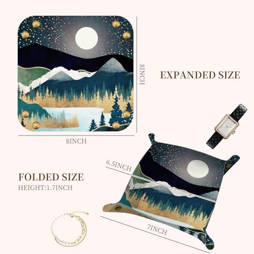 PU Leather Jewelry Valet Tray, Portable Catchall Tray for Keys, Wallet, Watch, Travel Organizer for Nightstand Desk Entryway Home Decor Gift for Women Men Moon Night - Image 5