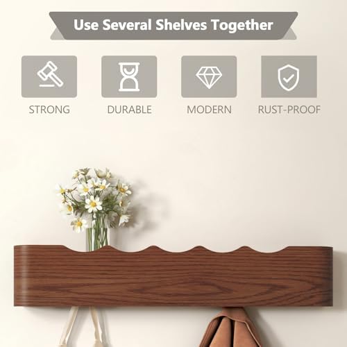 Wall Mounted Coat Rack with Shelf, Wooden Entryway Organizer with Hidden Metal Hooks for Hanging Coats Bags Keys, Modern Floating Shelf for Hallway Bathroom - Image 6