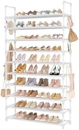 LANTEFUL Tall Shoe Rack 10 Tier Shoe Organizer Large Shoe Shelf with 18 Hooks Storage for 50 Pair Sneaker and Boot, Stackable Vertical Shoe Rack Organizer for Closet, Entryway, Bedroom, White by LANTEFULforTidyingHouse