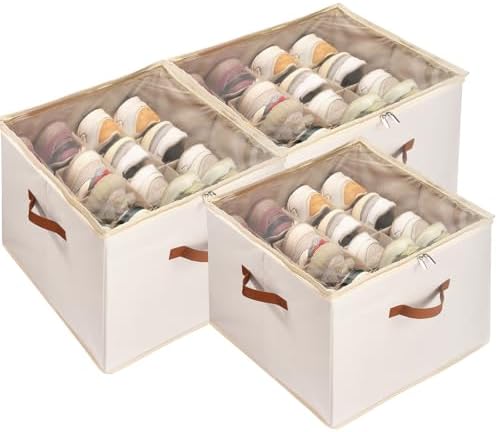 Shoe Organizer for Closet, 3 Pack Shoe Storage Bins with Clear Cover, Adjustable Dividers Fits 24-48 Pairs, Beige by Vexalora