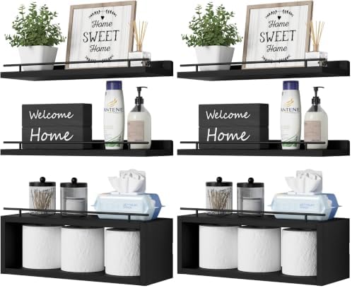 WOPITUES Floating Shelves for Wall with Cube Shelf, Wall Shelves with Metal Rail for Bathroom Decor, Bathroom Organizers and Storage, Over Toilet Shelves for Toilet Paper-Black (Pack of 2) by WOPITUESOfficial