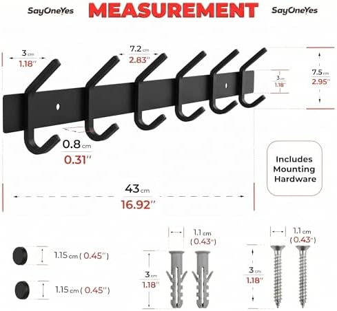 Coat Rack Wall Mount – 17 Inch Stainless Steel Hook Rail with 6 Double Coat Hooks for Hanging – Wall Mounted Entryway Organizer for Coats, Hats, Bags, Towels, Robes, Closet or Bathroom - Black 2 Pack - Image 2
