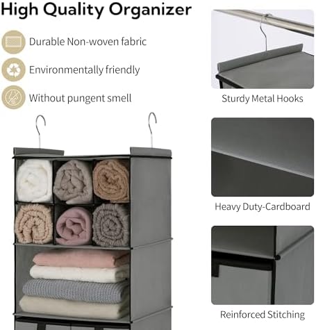 GRANNY SAYS 4-Shelf Hanging Closet Organizer with Drawer, Foldable Storage | Dividers Closet Hanging Organizer, No-Sag Support, Keeps Clothes Neat, Folds Flat, Fits RV, Dorm & Small Closets, Grey - Image 6